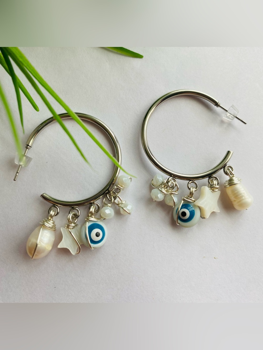 Silver Hoop Earrings with Blue Evil Eye and White Shell Charms